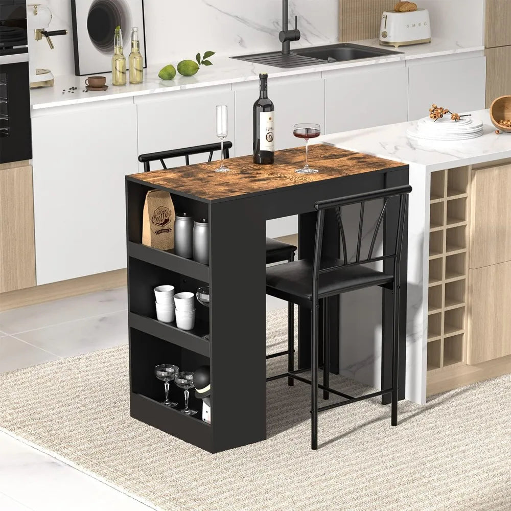 Retro Wooden 3-Piece Dining Table Set with Storage and Padded Bar Stools