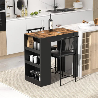 Retro Wooden 3-Piece Dining Table Set with Storage and Padded Bar Stools