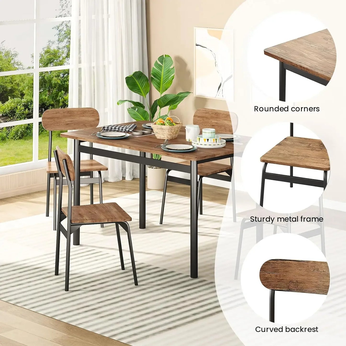 Kitchen Dining Table Set for 4, Modern Rectangular 5 Piece Dining Room Table and Chairs Set, Brown wooden Metal Table Set
