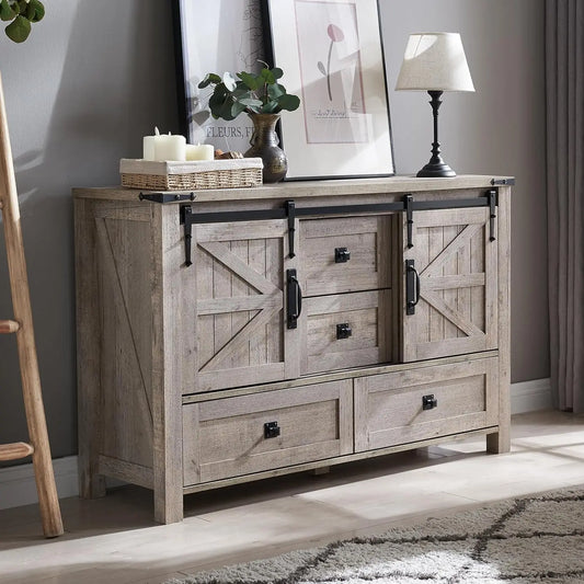 Farmhouse Dresser with Drawers&Sliding Barn Doors, all Chest of Drawers,Rustic Dresser TV Stand w/Shell for Bedroom, Living Room