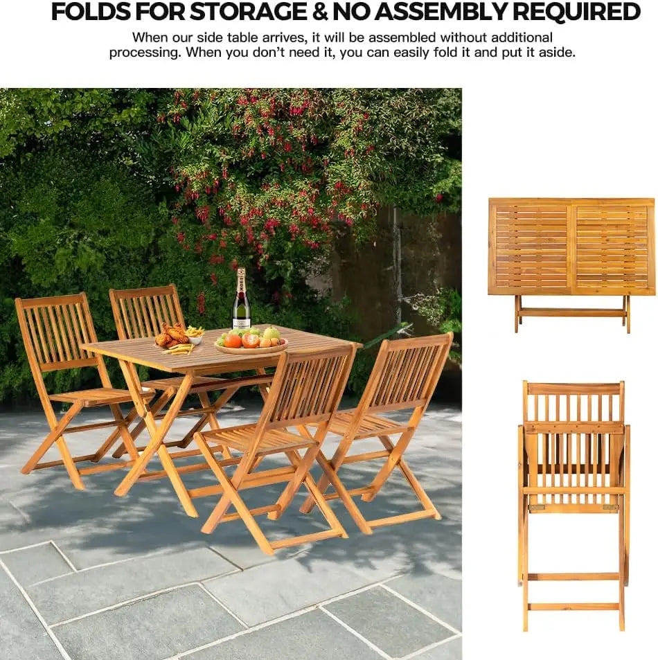 5-Piece Foldable Acacia Wood Patio Dining Set – Outdoor Rectangular Table and 4 Chairs, Minimalist Modern Style