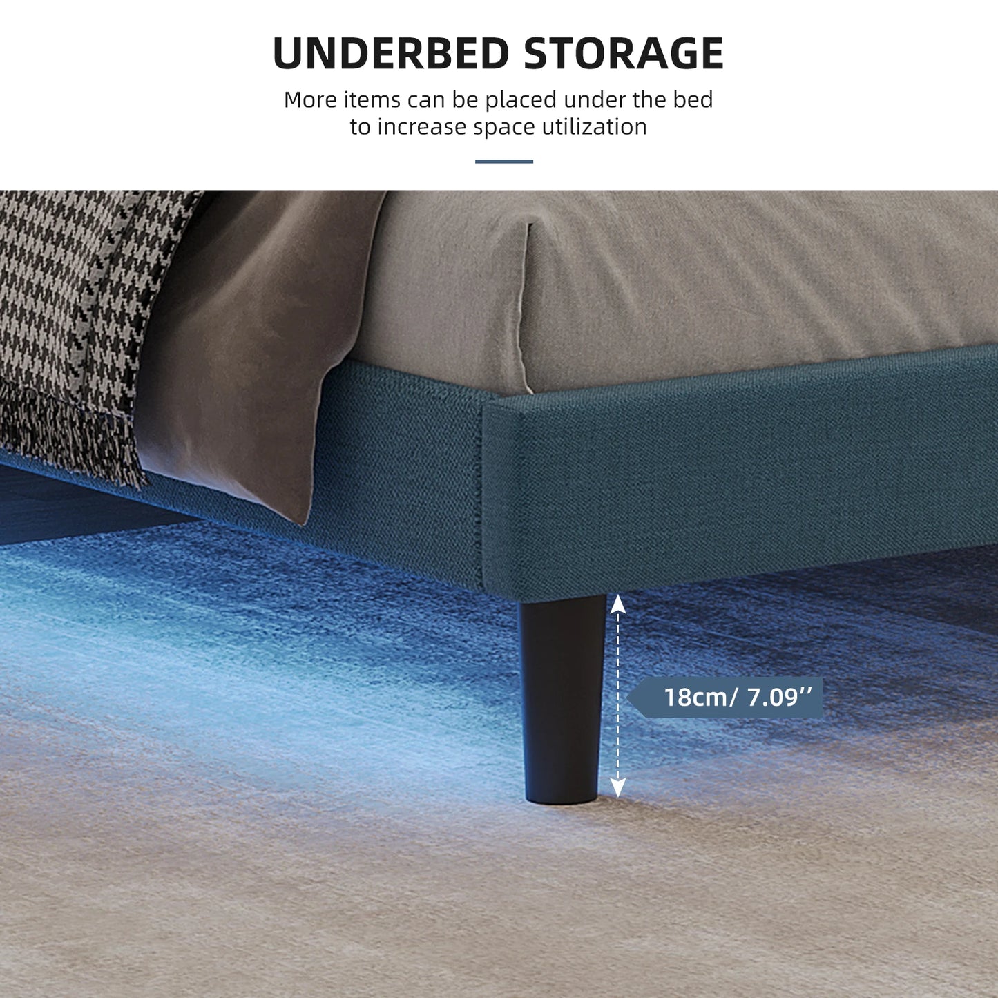 Queen Size Upholstered Platform Bed Frame with RGB Lights - Adjustable Headboard & Strong Slats System