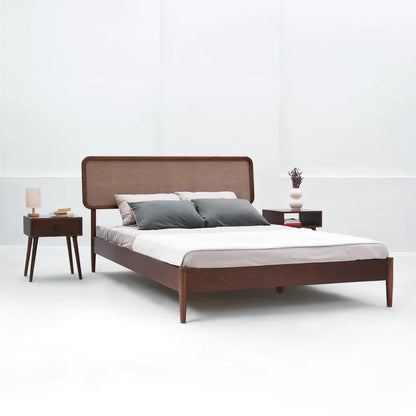 Wooden Bed Frame with Headboard, Crafted from Walnut, Rubber Wood with Silent Slats and Wood Central Supports, 1000 Lb Capacity