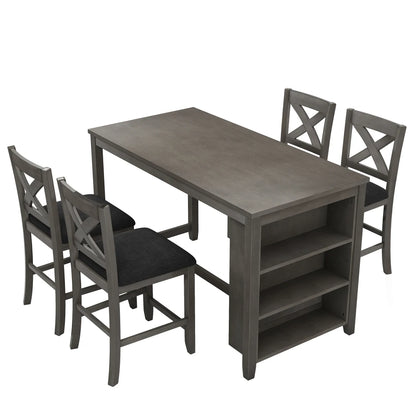 5-Piece Counter Height Rustic Farmhouse Dining Set – Wooden Bar Table with 4 Chairs and Storage Shelf, Gray