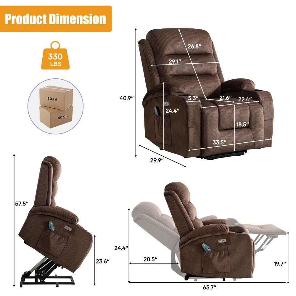 Electric Power Lift Recliner Chair with Full-Body Vibration and Heating for Elderly, USB Charging, Massage Functions, and Cup Holders