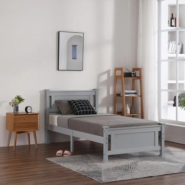 Solid Wood Bed Frame with Geometric Pattern Headboard – Available in Queen, Full, and Twin Sizes, Grey Finish, Easy Assembly, No Box Spring Needed