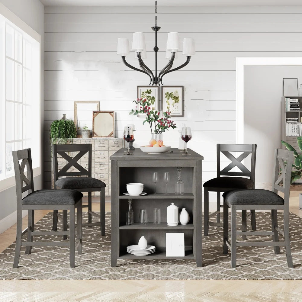 5-Piece Counter Height Rustic Farmhouse Dining Set – Wooden Bar Table with 4 Chairs and Storage Shelf, Gray