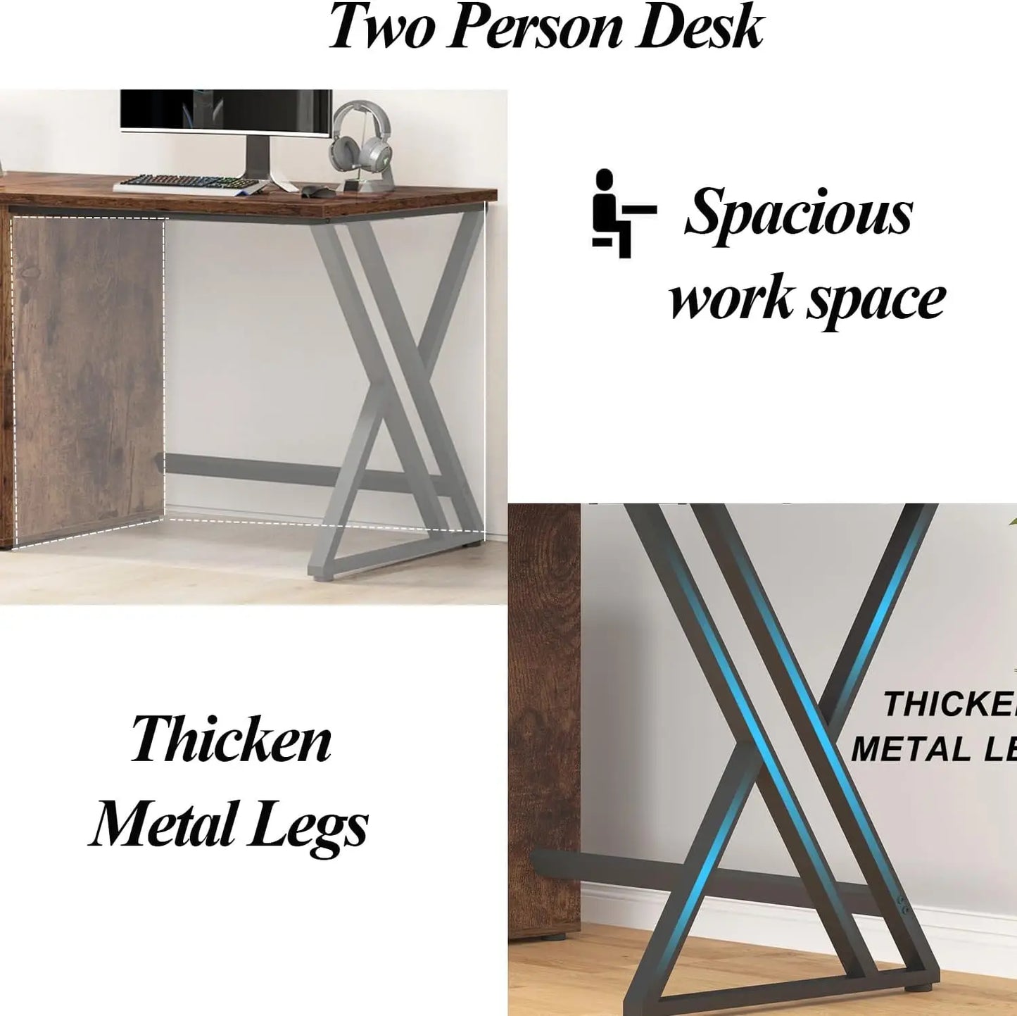 LVB Double Desk - Industrial Style Writing and Computer Desk with Storage