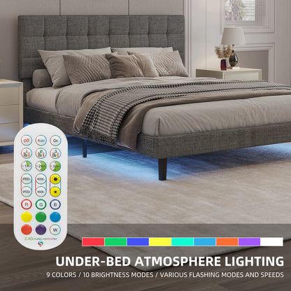 Queen Size Upholstered Platform Bed Frame with RGB Lights - Adjustable Headboard & Strong Slats System