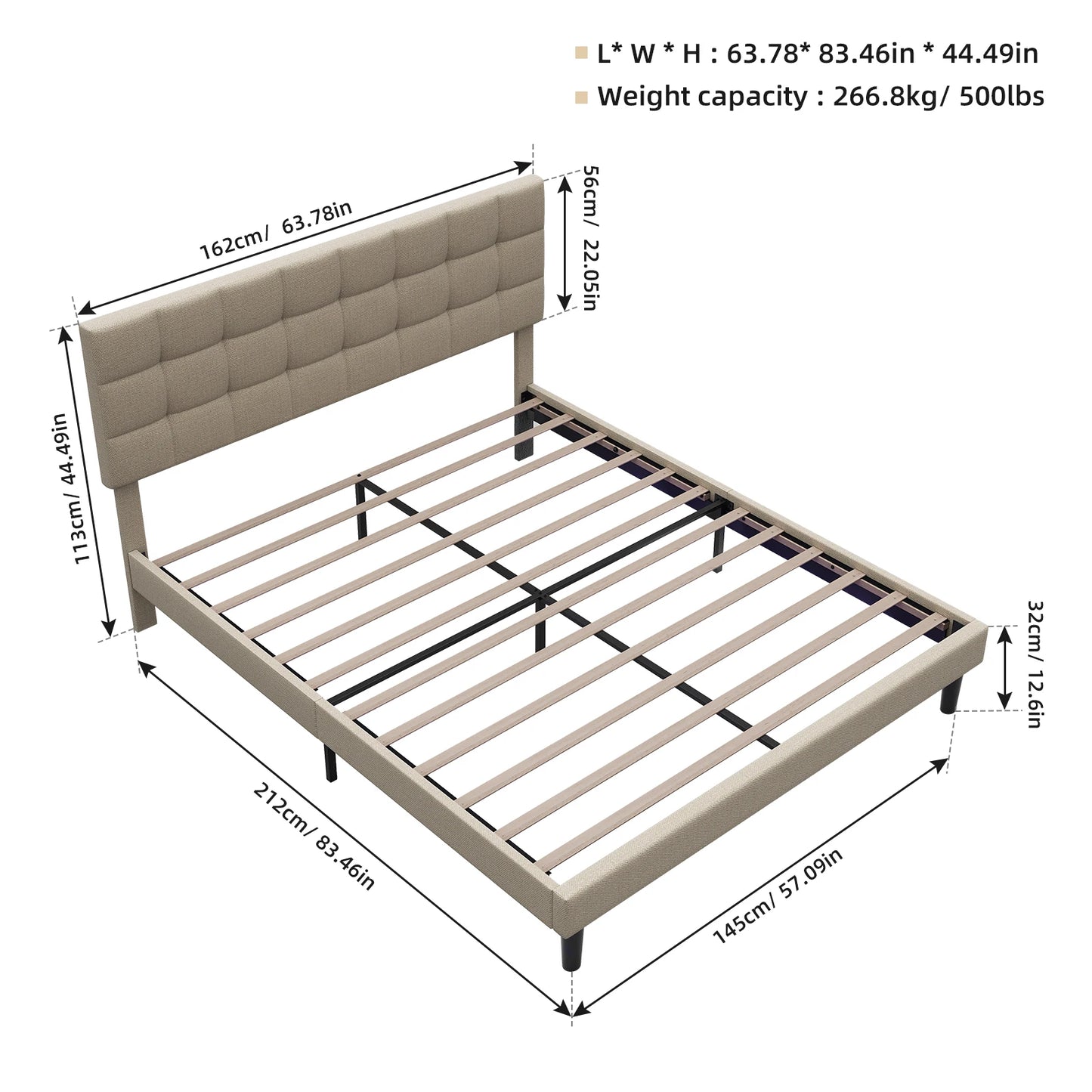 Queen Size Upholstered Platform Bed Frame with RGB Lights - Adjustable Headboard & Strong Slats System