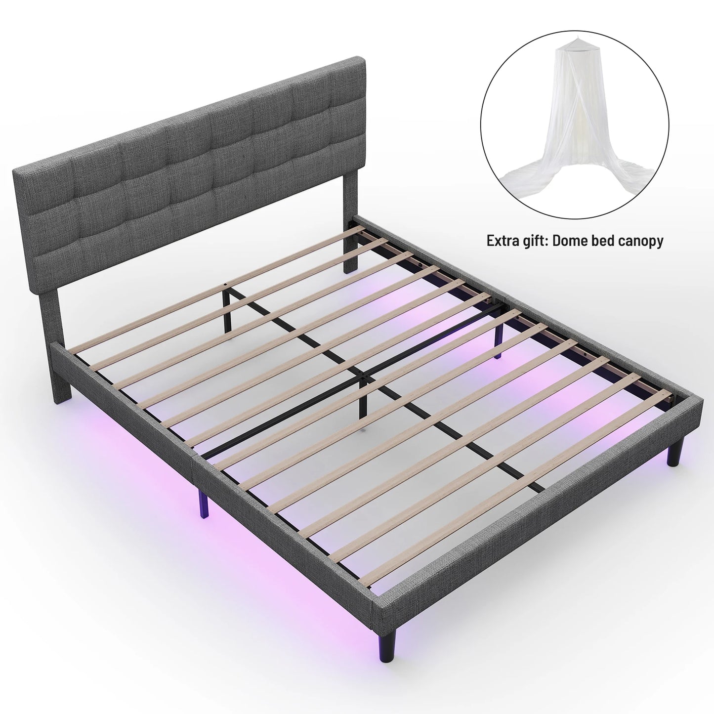 Queen Size Upholstered Platform Bed Frame with RGB Lights - Adjustable Headboard & Strong Slats System