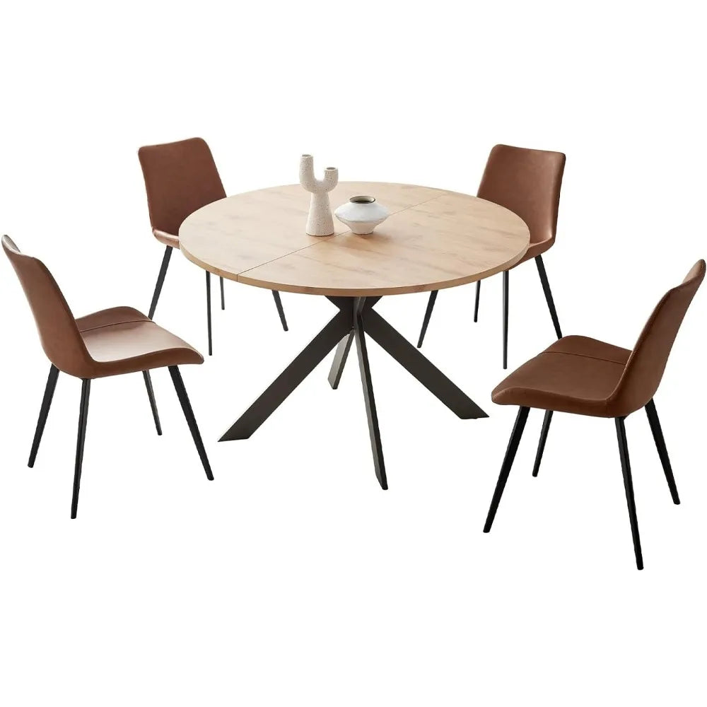 Mid-Century Modern 46" Round Dining Table Set – Solid Pine Wood Table with PU Leather Chairs, Durable MDF Top and Carbon Steel Legs