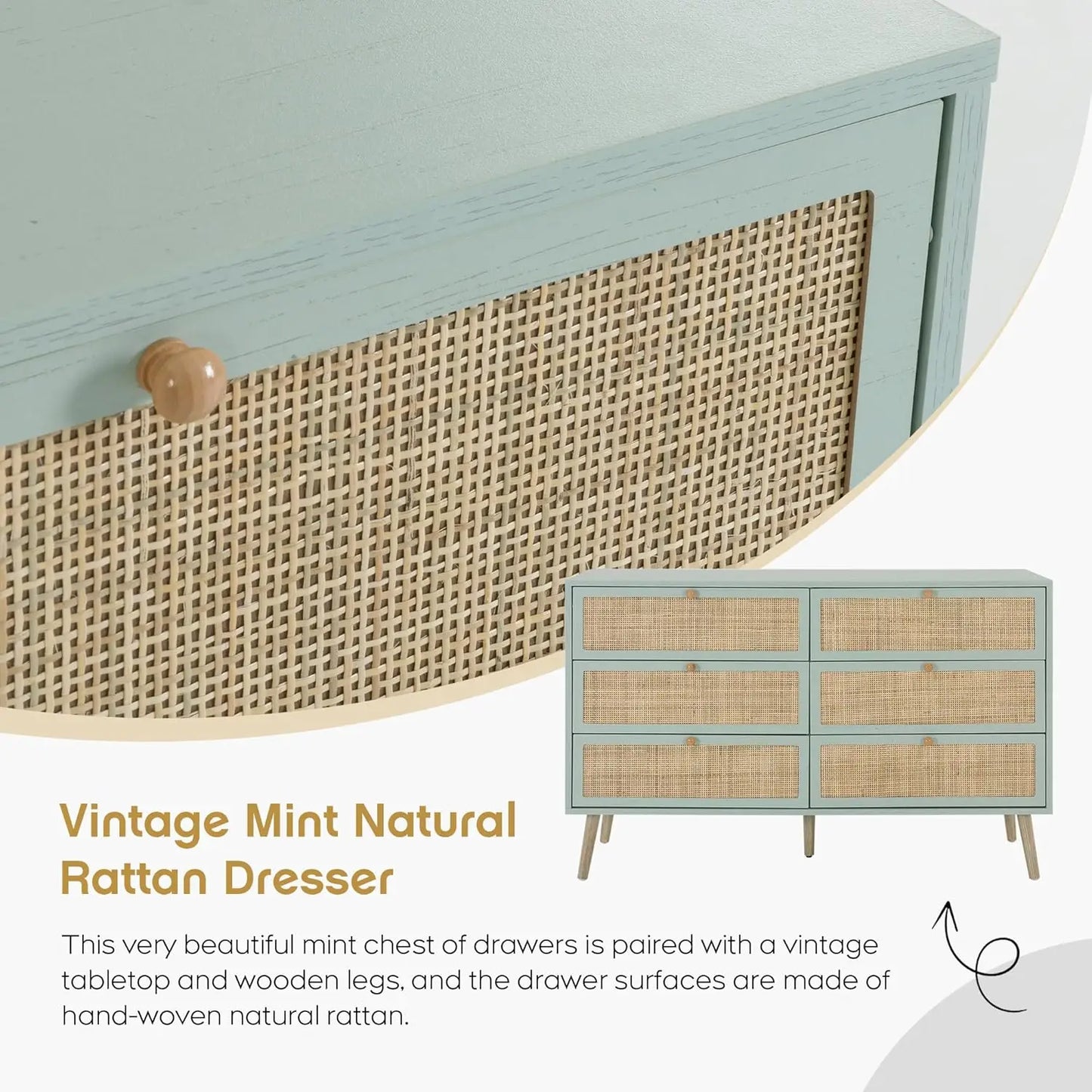 Vintage Natural Rattan 6 Drawers Dresser for Bedroom,  Boho Double Chest of Drawers with Wood Handles for Closet