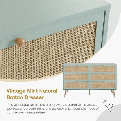 Vintage Natural Rattan 6 Drawers Dresser for Bedroom,  Boho Double Chest of Drawers with Wood Handles for Closet