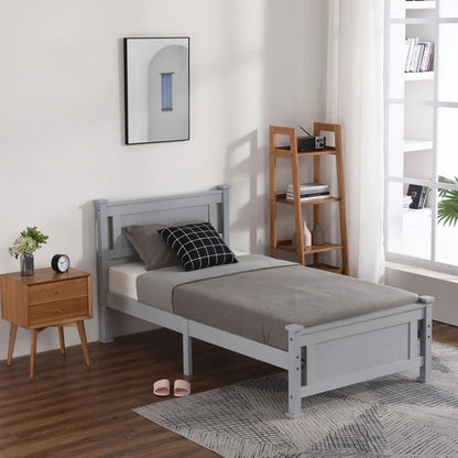 Solid Wood Bed Frame with Geometric Pattern Headboard – Available in Queen, Full, and Twin Sizes, Grey Finish, Easy Assembly, No Box Spring Needed