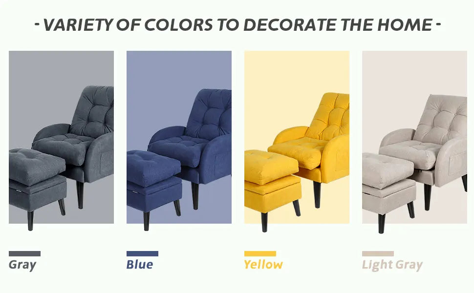 Grey Wingback Accent Chair with Ottoman, 5-Position Adjustable Backrest, Storage Ottoman, Solid Wood Frame, Modern Lounge Chair for Living Room, Office, or Bedroom