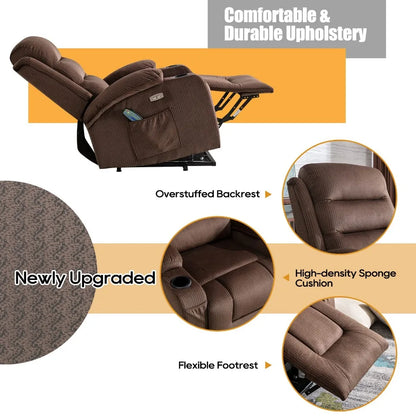 Electric Power Lift Recliner Chair with Full-Body Vibration and Heating for Elderly, USB Charging, Massage Functions, and Cup Holders