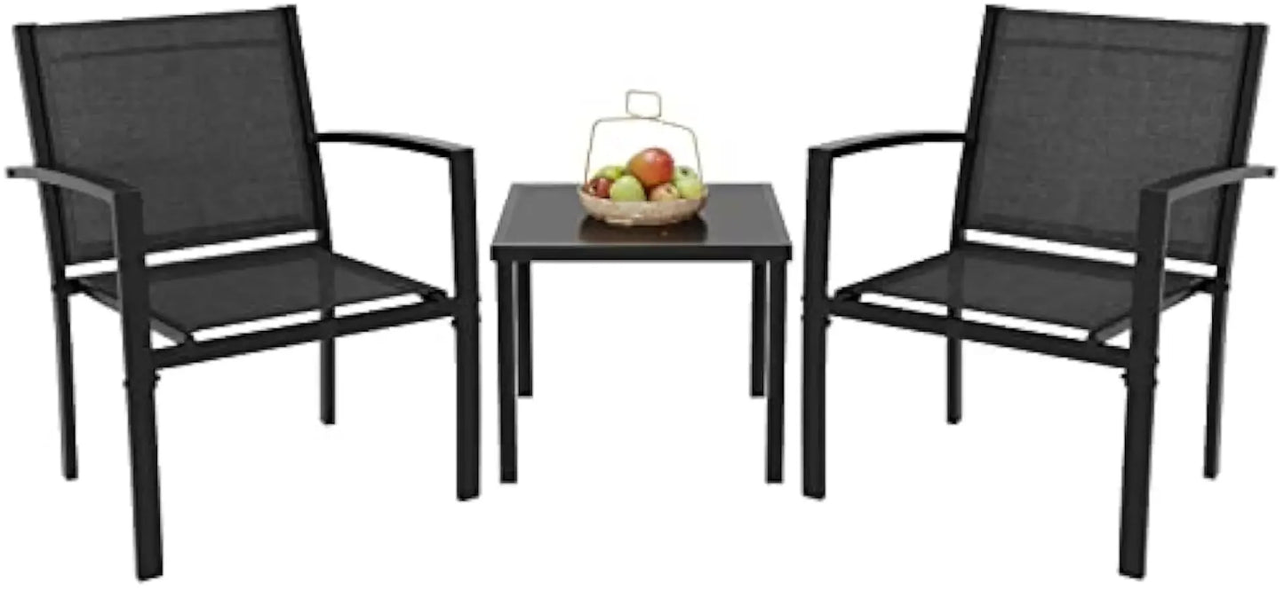 3-Piece Patio Furniture Set – 2 Chairs and Coffee Table, Outdoor Seating with Steel Frame and Textilene Cushions, Modern Black Design