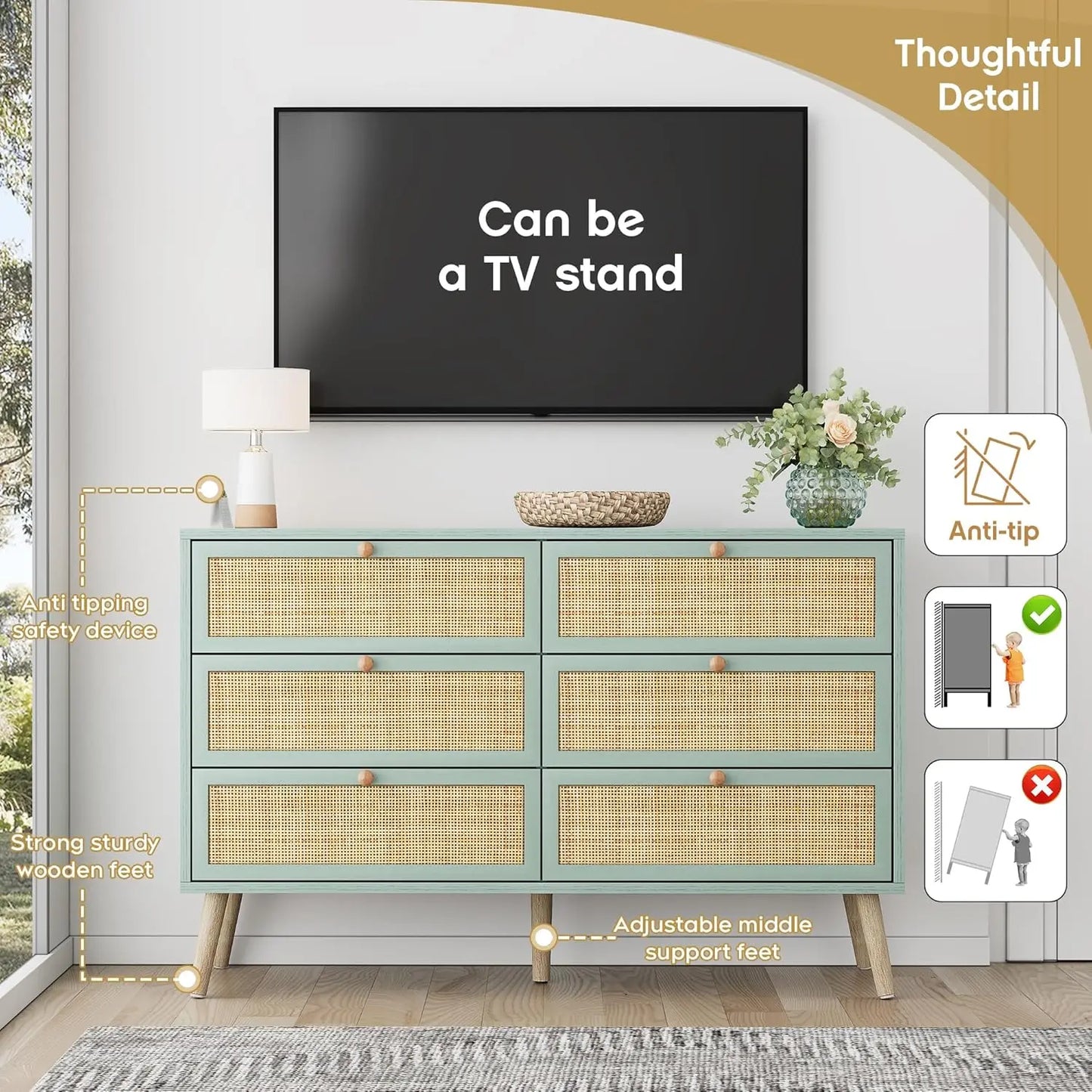 Vintage Natural Rattan 6 Drawers Dresser for Bedroom,  Boho Double Chest of Drawers with Wood Handles for Closet