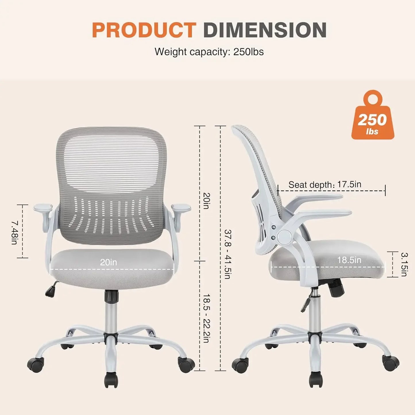 Ergonomic Grey Office Chair - Lumbar Support with Flip-Up Armrests