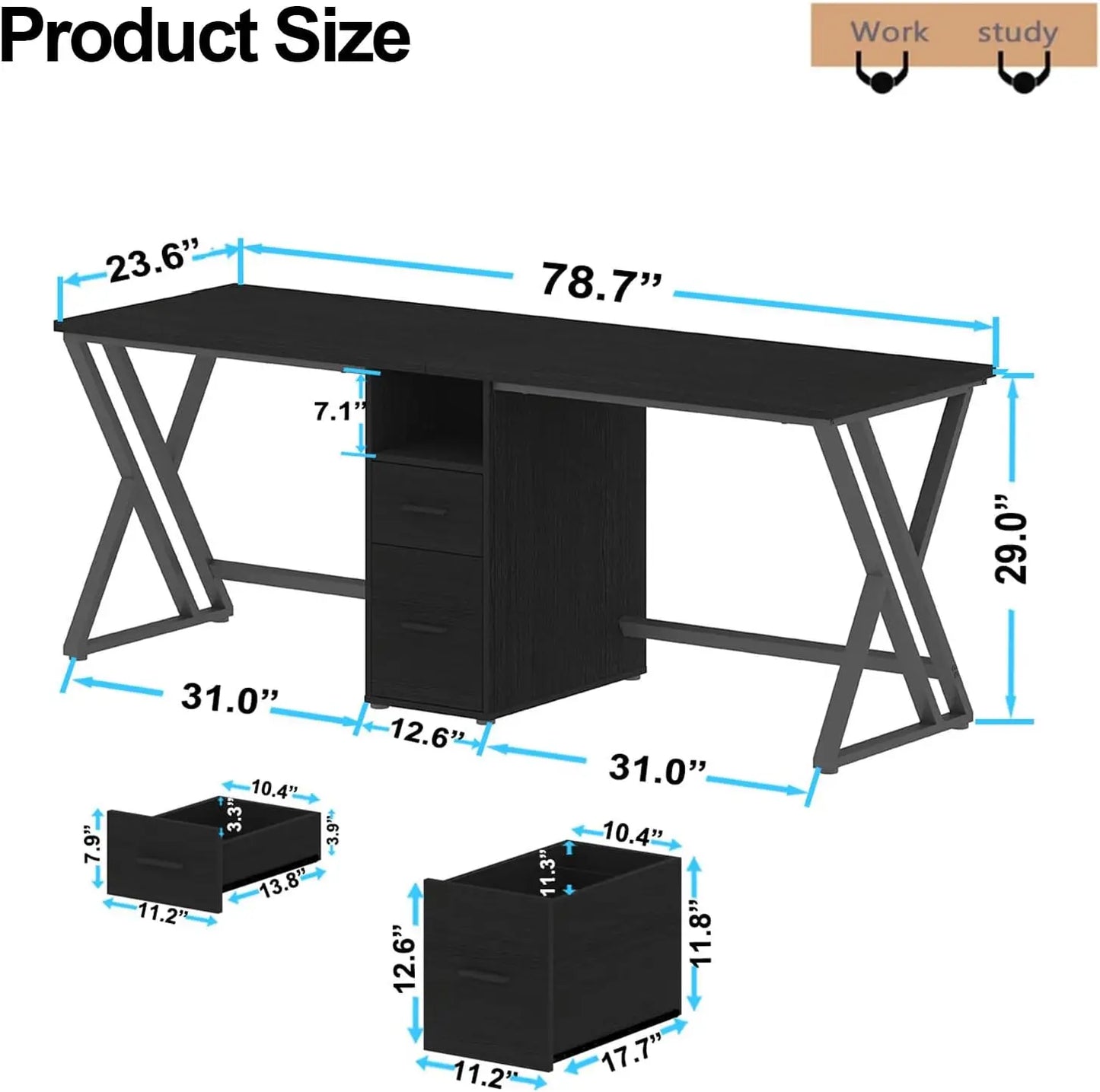 LVB Double Desk - Industrial Style Writing and Computer Desk with Storage