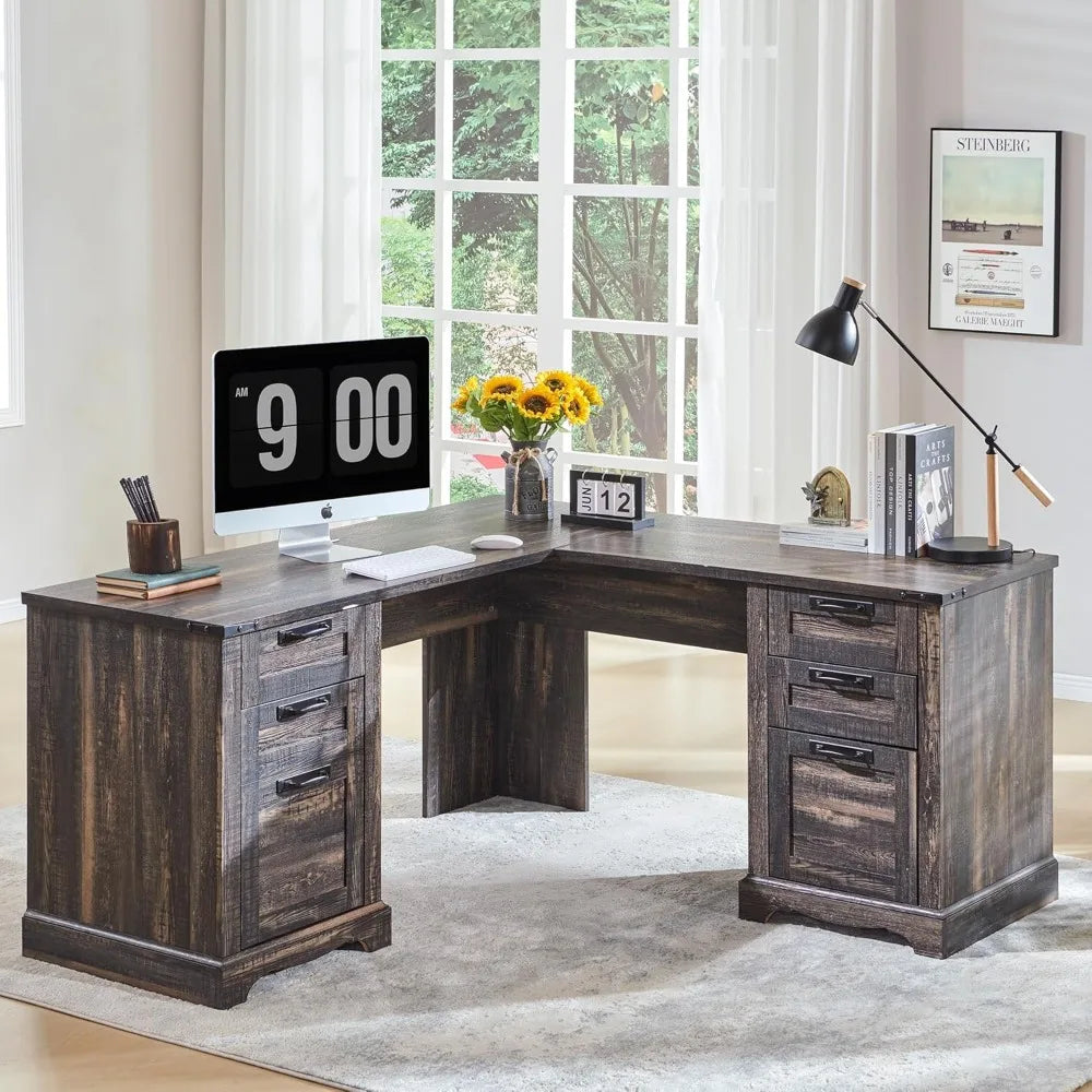 Farmhouse L-Shaped Executive Desk - 60” x 60” Engineered Wood Office Desk with Storage Drawers and File Cabinet