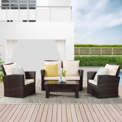 4-Piece Patio Furniture Set – PE Rattan Outdoor Sectional with Loveseat, Armchairs, and Coffee Table, Modern Design for Garden or Balcony