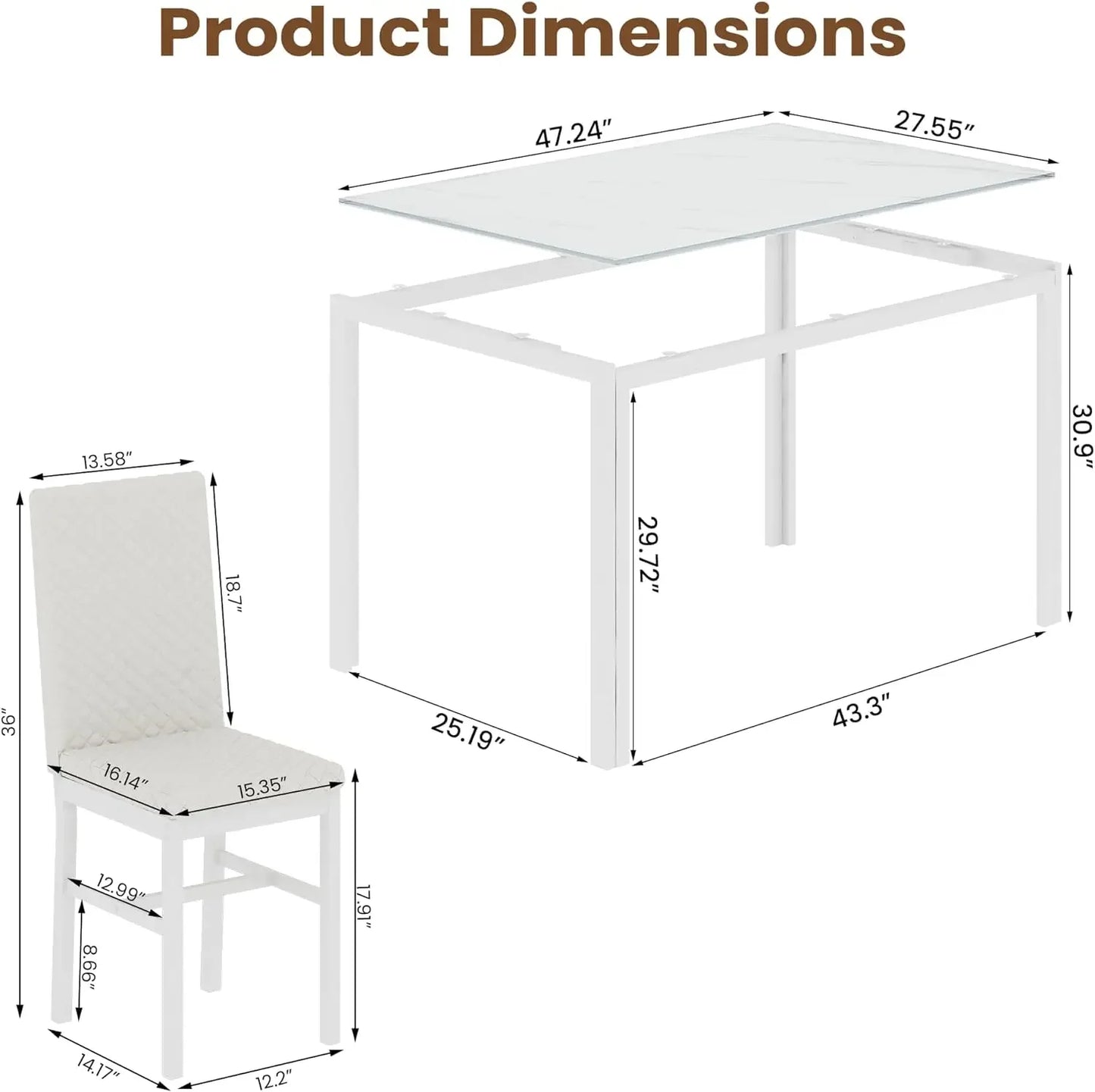 Kitchen Dining Table Set for 4, Modern Rectangular 5 Piece Dining Room Table and Chairs Set, Brown wooden Metal Table Set
