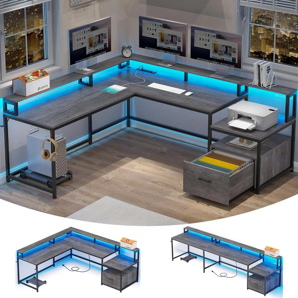 Modern L-Shaped Office Desk with LED Lights, Storage Shelves, File Drawer & Power Outlet (Black)