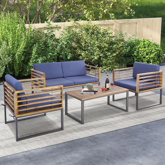 4-Piece Outdoor Patio Set – Acacia Wood Loveseat, Armchairs, and Coffee Table with Cushions, Modern Garden Furniture