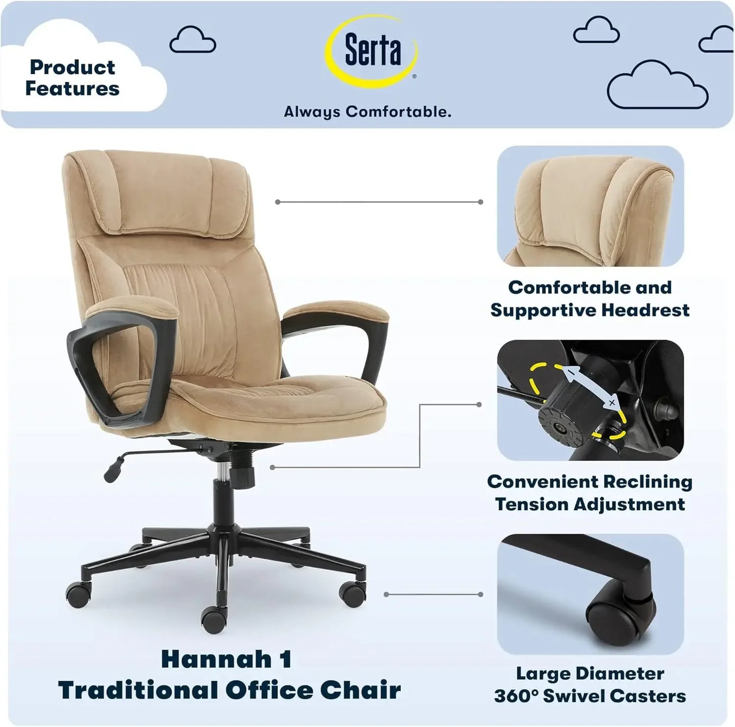 Hannah Executive Microfiber Office Chair - Ergonomic with Lumbar Support and Headrest Pillow, Adjustable, Beige