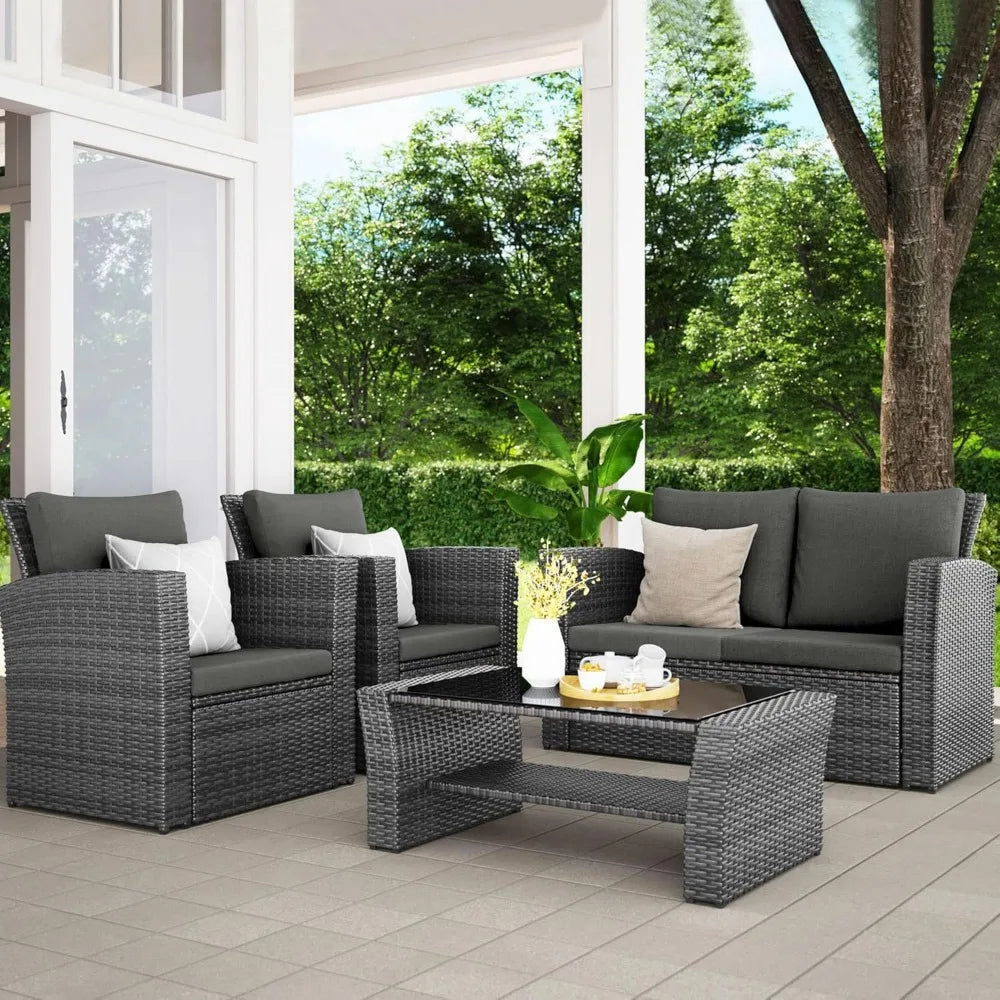 4-Piece Patio Furniture Set – PE Rattan Outdoor Sectional with Loveseat, Armchairs, and Coffee Table, Modern Design for Garden or Balcony