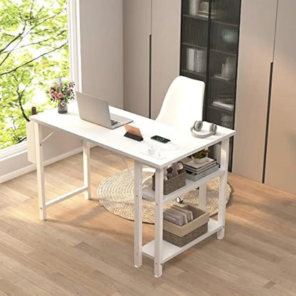 Modern L-Shaped Computer Desk with Built-in Power Strip and Storage Shelves – Wooden