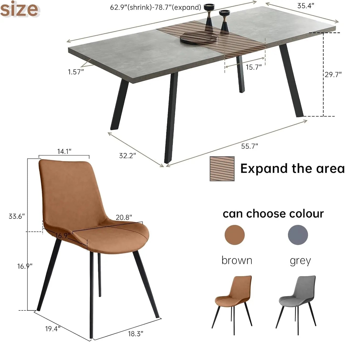7-Piece Modern Dining Set – Extendable Table with 6 PU Leather Chairs, Mid-Century Industrial Style, Space-Saving Design
