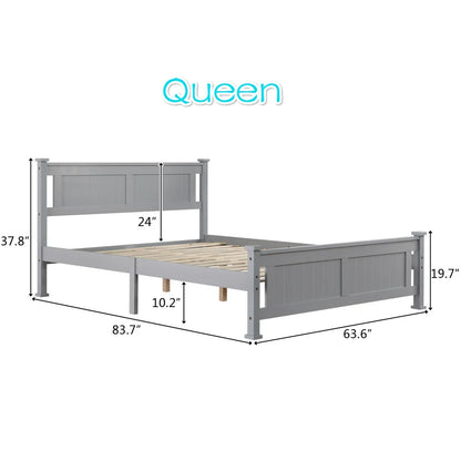 Solid Wood Bed Frame with Geometric Pattern Headboard – Available in Queen, Full, and Twin Sizes, Grey Finish, Easy Assembly, No Box Spring Needed