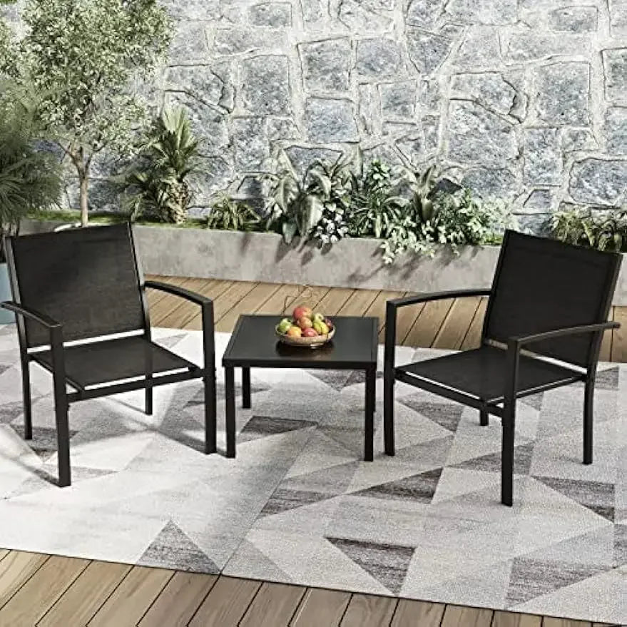 3-Piece Patio Furniture Set – 2 Chairs and Coffee Table, Outdoor Seating with Steel Frame and Textilene Cushions, Modern Black Design