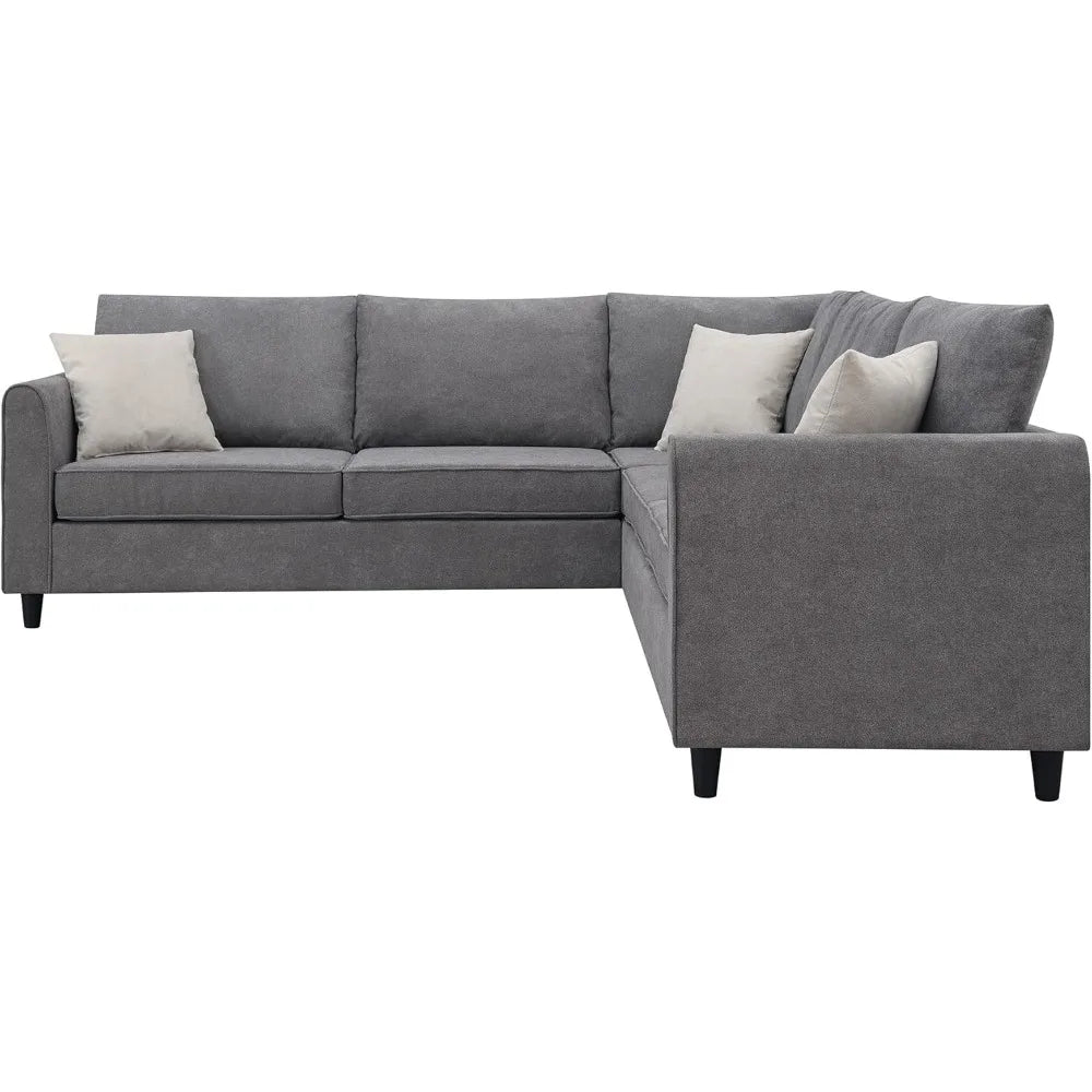 L-Shape Sectional Sofa for Living Room with 3 Pillows, 5-Seater Upholstered Modular Couch Set - Grey