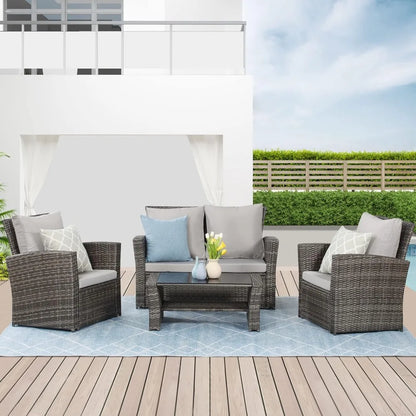 4-Piece Patio Furniture Set – PE Rattan Outdoor Sectional with Loveseat, Armchairs, and Coffee Table, Modern Design for Garden or Balcony