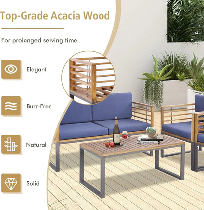 4-Piece Outdoor Patio Set – Acacia Wood Loveseat, Armchairs, and Coffee Table with Cushions, Modern Garden Furniture