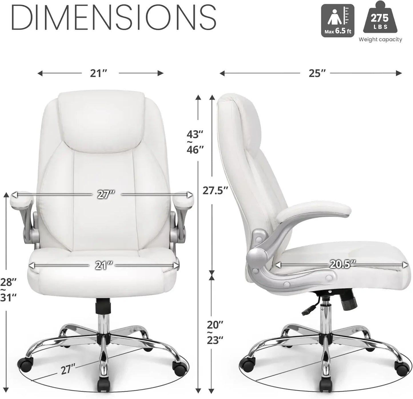 Ergonomic High-Back PU Leather Executive Office Chair with Flip-Up Armrests and Lumbar Support – White