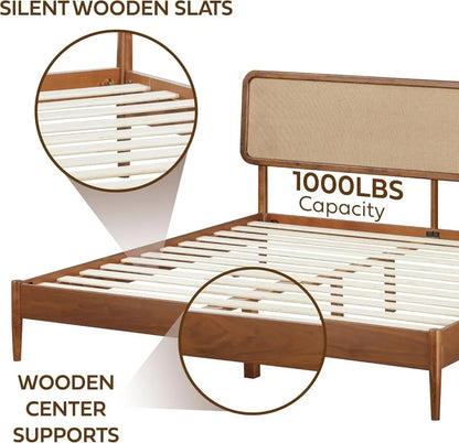 Wooden Bed Frame with Headboard, Crafted from Walnut, Rubber Wood with Silent Slats and Wood Central Supports, 1000 Lb Capacity
