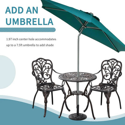 3-Piece Cast Aluminum Outdoor Bistro Table Set with Umbrella Hole