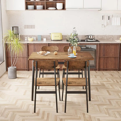 Kitchen Dining Table Set for 4, Modern Rectangular 5 Piece Dining Room Table and Chairs Set, Brown wooden Metal Table Set