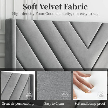 Velvet Upholstered Platform Bed with Wing Side Design – Sturdy, Squeak Resistant Frame, Foam-Padded Headboard, No Box Spring Needed