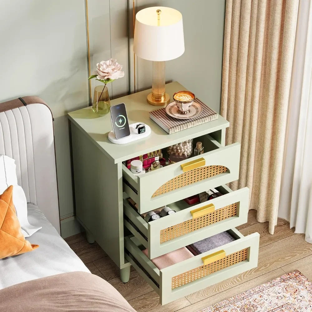 Mint Green Nightstand, 3-Drawer Rattan Night Stand Side Table, Accent Bedside Tables End Table for Bedroom and Small nightstand