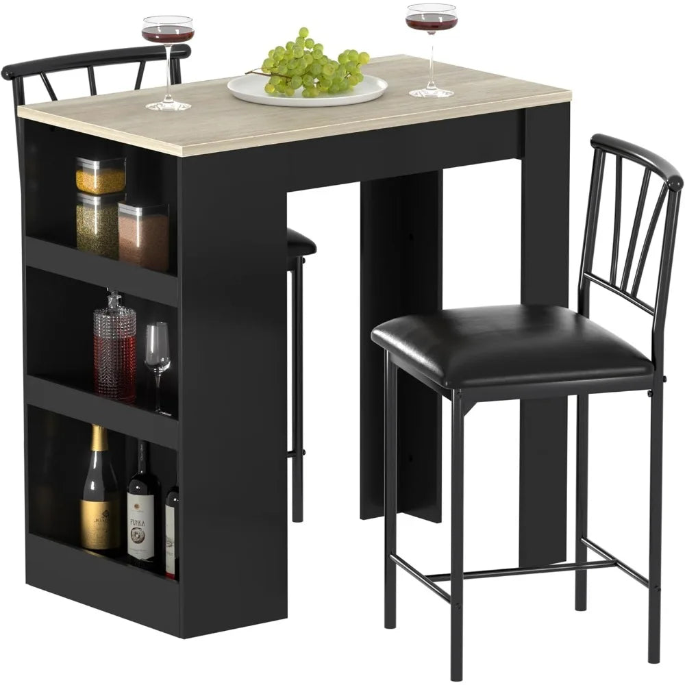 Retro Wooden 3-Piece Dining Table Set with Storage and Padded Bar Stools