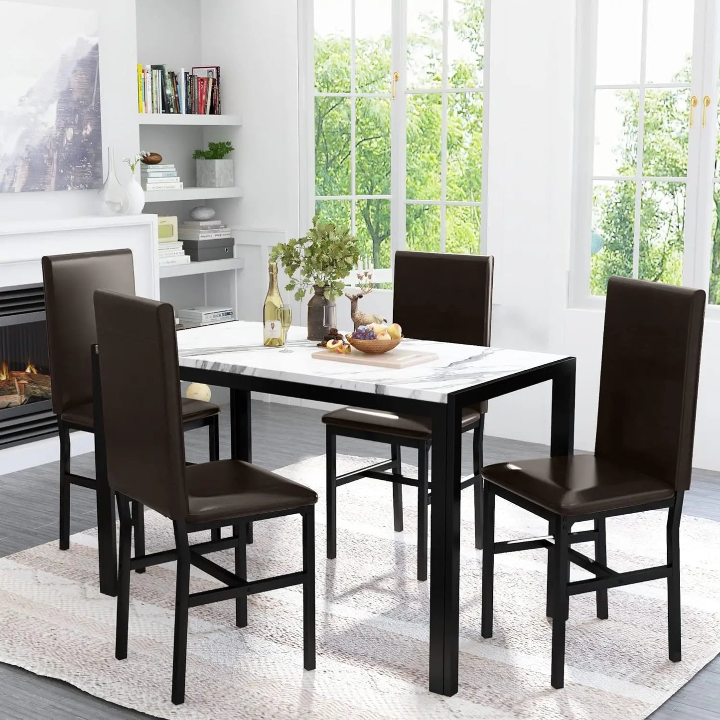 7-Piece Modern Dining Table Set – Rectangular Faux Marble Table with 4 PU Leather Chairs, Space-Saving Design