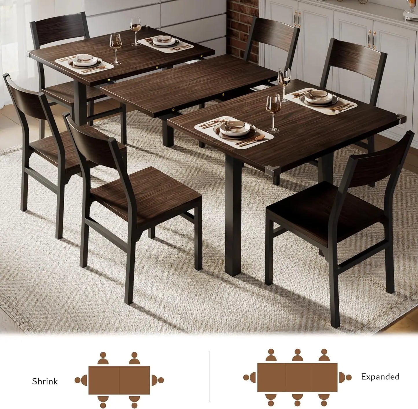 Extendable Modern Walnut Dining Table and Chair Set – 7-Piece Set for 4-8 Persons