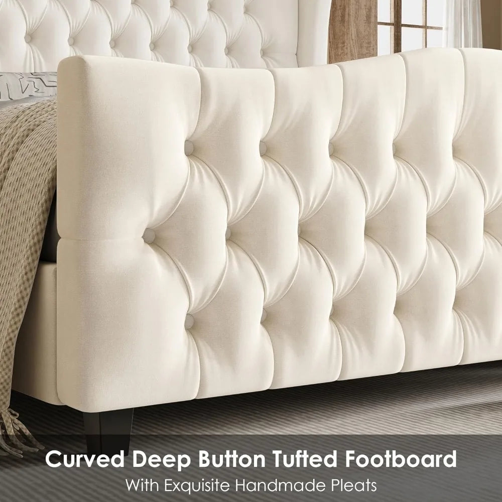 Velvet Upholstered Bed Frame with Wingback Headboard - Available in Full, Queen, and King Sizes