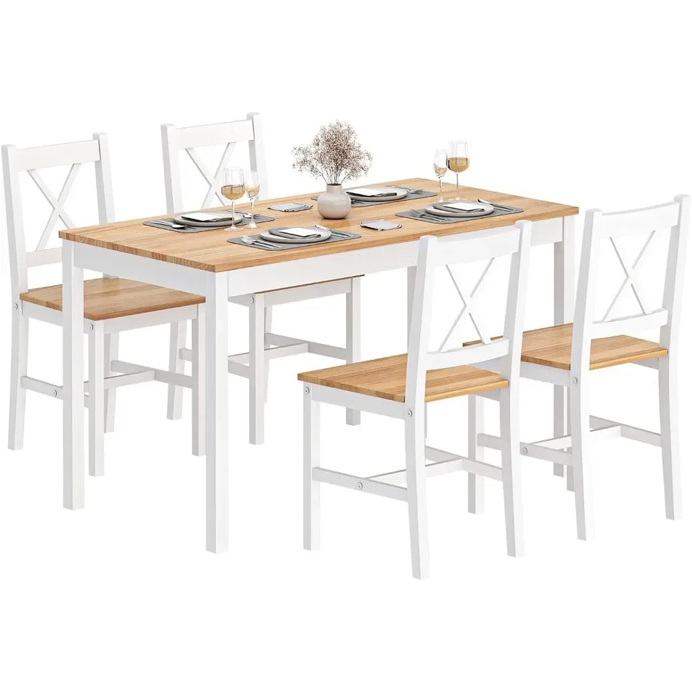 5-Piece Modern Dining Table Set – Rectangular Table with 4 Chairs, Solid Wood, Gray and White Finish